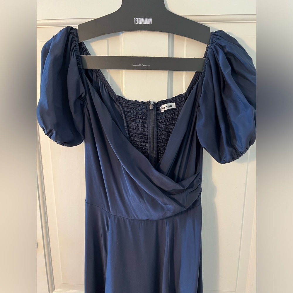 The reformation navy silk off shoulder elegant dress with a slit